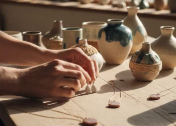 Mains d'une artisane disposant des bijoux en porcelaine et des vases en céramique de l'Atelier Moca sur une table en bois face à la mer à Trégastel.