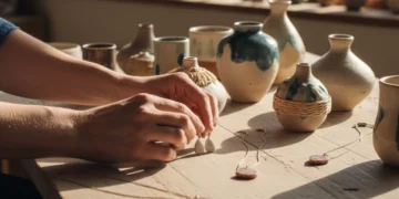 Mains d'une artisane disposant des bijoux en porcelaine et des vases en céramique de l'Atelier Moca sur une table en bois face à la mer à Trégastel.