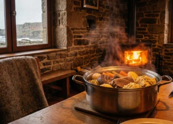 Marmite traditionnelle de Kig ha Farz fumant sur une table en bois, avec un feu de cheminée et vue sur la mer agitée en Côte de Granit Rose.