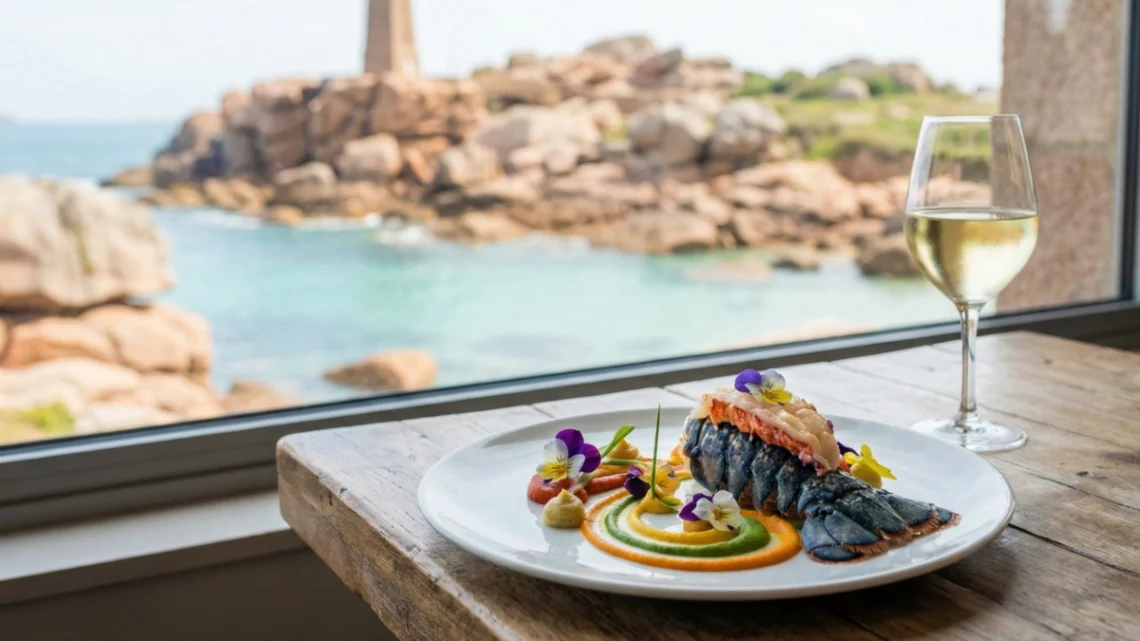 Assiette gastronomique de homard bleu servie dans un restaurant étoilé Michelin avec vue sur les rochers de Ploumanac'h.