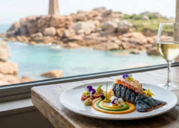 Assiette gastronomique de homard bleu servie dans un restaurant étoilé Michelin avec vue sur les rochers de Ploumanac'h.