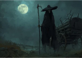 Silhouette de l'Ankou avec sa faux et son chapeau marchant à côté d'une charrette en bois dans un paysage breton brumeux.