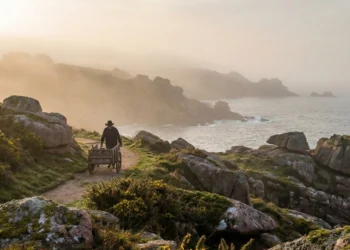 Représentation mystérieuse de l'Ankou dans la brume sur la Côte de Granit Rose pour illustrer le podcast.