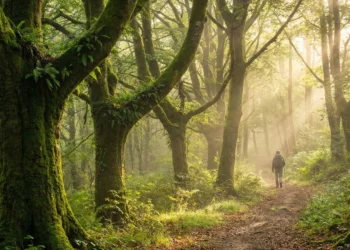 Rayons de lumière filtrant à travers les hêtres centenaires et la mousse sur le sentier de Job dans la forêt de Beffou en Bretagne.