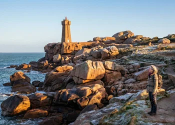 Randonneur marchant sur le sentier des douaniers face au phare de Men Ruz à Ploumanac'h sous une douce lumière d'hiver.