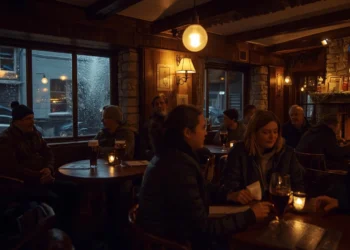 Intérieur chaleureux d'un bar breton avec des boiseries, des clients souriants partageant un verre et une lumière tamisée.