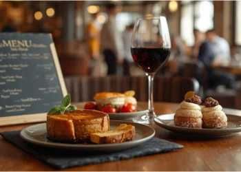 Ardoise de menu bistrot sur une table en bois garnie de plats gourmands, illustrant l'annonce des 5 nouveaux restaurants Bib Gourmand du Guide Michelin 2026 en Bretagne.