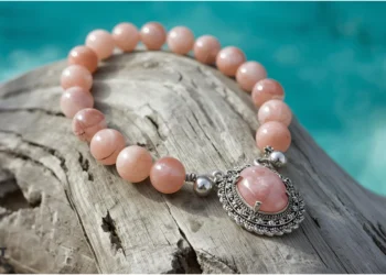 Gros plan sur un pendentif en granit rose poli réalisé par un artisan de Perros-Guirec, posé sur un bois flotté.