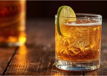 Verre de chouchen frais servi avec des glaçons et une tranche de pomme, bouteille ambrée en arrière-plan, ambiance apéro convivial.