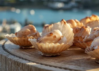 Gros plan de coquilles Saint-Jacques Pecten Maximus fraîches avec corail, présentées sur un étal de poissonnier en Bretagne.