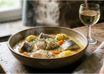 Une assiette de Cotriade bretonne avec morceaux de poissons, pommes de terre et bouillon, servie sur une table en bois rustique.