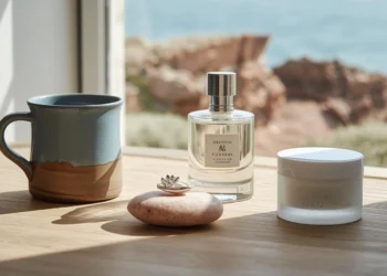 Sélection d'objets artisanaux du Trégor : céramique moderne, bijoux en nacre et cosmétiques marins sur une table en bois brut.