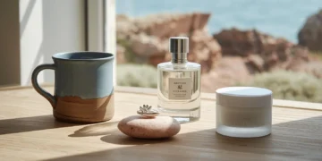 Sélection d'objets artisanaux du Trégor : céramique moderne, bijoux en nacre et cosmétiques marins sur une table en bois brut.
