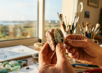 Mains d'une artisane créant un bijou en granit rose dans un atelier baigné de lumière.