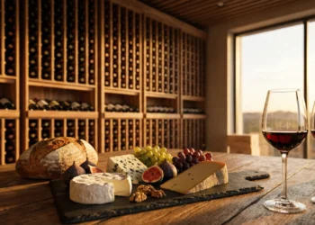 Planche de fromages affinés et verres de vin rouge posés sur le comptoir en bois de la cave La Bouteille Renversée à Perros-Guirec