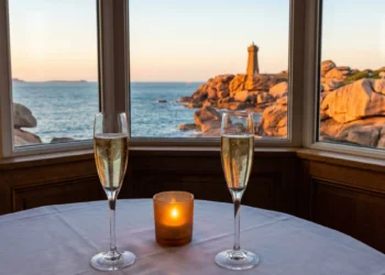 Table de restaurant dressée pour un dîner romantique de la Saint-Valentin, avec deux coupes de champagne et une bougie face à la vue sur le phare de Ploumanac'h et les rochers de la Côte de Granit Rose au coucher du soleil.