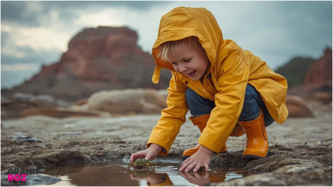 Un enfant équipé d'un ciré jaune et de bottes regarde sous un rocher sur une plage de Trégastel en hiver.