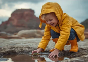 Un enfant équipé d'un ciré jaune et de bottes regarde sous un rocher sur une plage de Trégastel en hiver.