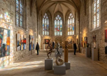 Peintures et sculptures contemporaines de l'exposition Textures mises en lumière dans l'architecture sacrée de la Chapelle des Ursulines à Lannion.