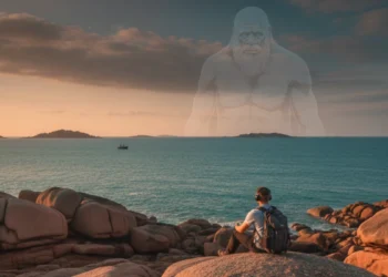 Vue panoramique du granit rose à Perros-Guirec au coucher du soleil, illustration d'un voyage sonore historique.