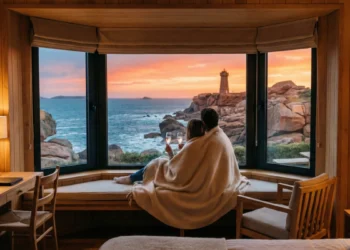 Couple enlacé sous un plaid regardant le coucher de soleil sur le phare de Ploumanac'h depuis la baie vitrée d'une chambre d'hôtel romantique avec vue mer sur la Côte de Granit Rose.