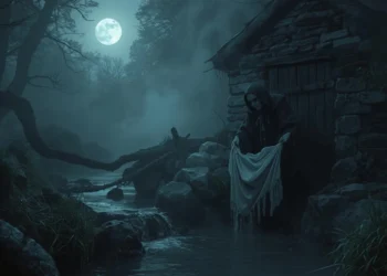 Illustration mystérieuse d'une lavandière de nuit fantomatique lavant son linge dans un cours d'eau sous la pleine lune en Bretagne.