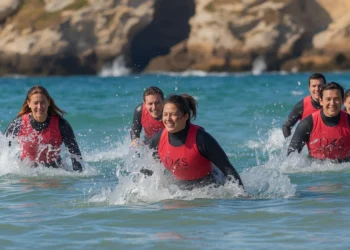 Groupe de personnes pratiquant le longe-côte en combinaison noire et lycra rouge dans la mer à Perros-Guirec, avec les rochers de granit rose en arrière-plan.