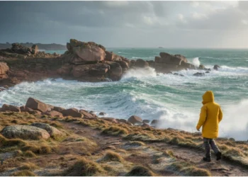 Randonneur en ciré jaune marchant face au vent sur le GR34 devant des vagues s'écrasant sur les rochers de granit rose à Trégastel.