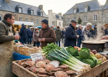 Un étal coloré du marché de Perros-Guirec en hiver, proposant des coquilles Saint-Jacques fraîches, des légumes de saison et des galettes bretonnes.