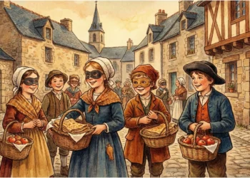 Illustration style vintage montrant des enfants déguisés dans un village breton du début du 20ème siècle, chantant pour Mardi Gras.