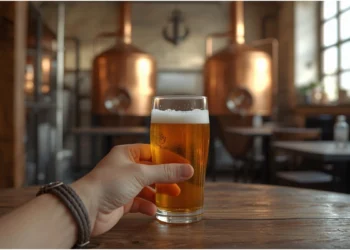 Brasseur vérifiant la qualité d'une bière blonde artisanale dans une microbrasserie près de Perros-Guirec.