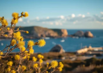 Branche de mimosa en fleur devant les rochers de la Côte de Granit Rose et la mer à Perros-Guirec.