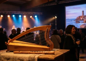 Scène de concert du Mois Celtique à Perros-Guirec avec une harpe celtique au premier plan et le phare de Ploumanac'h projeté sur écran.