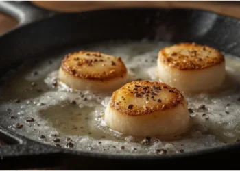 Noix de Saint-Jacques de la Baie de Saint-Brieuc snackées au beurre dans une assiette en céramique.