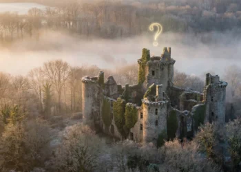 Vue majestueuse des ruines médiévales du château de Tonquédec émergeant de la forêt brumeuse du Trégor.
