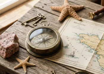 Boussole ancienne et carte marine évoquant les mystères de la côte bretonne posées sur une table en bois.