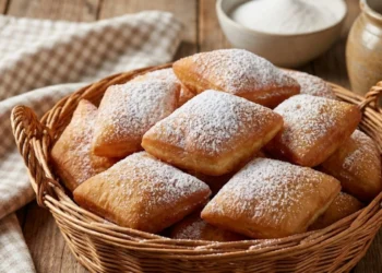 Gros plan sur un panier en osier rempli de bottereaux nantais dorés et gonflés, généreusement saupoudrés de sucre glace. Ambiance chaleureuse de Mardi Gras.