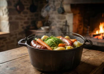 Marmite fumante de potée bretonne avec chou vert, carottes de sable, pommes de terre et saucisses fumées près d'un feu de cheminée.