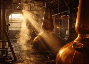 Alambics en cuivre traditionnels de distillerie en Bretagne, ambiance chaleureuse.