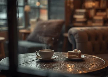 Tasse de thé fumante et pâtisserie posées sur une table en bois, ambiance chaleureuse avec livres et décoration cocooning.