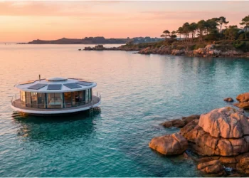 Suite hôtelière flottante sur la mer en Bretagne au coucher du soleil.