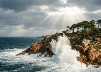 Puissantes vagues s'engouffrant dans les rochers de granit près de la maison de Castel Meur à Plougrescant lors d'une grande marée.
