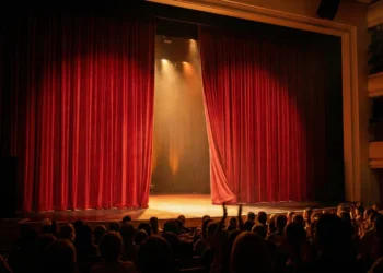 Scène de théâtre éclairée avec un rideau rouge et des spectateurs attendant le début de la pièce Votez Joséphine au Palais des Congrès de Perros-Guirec.