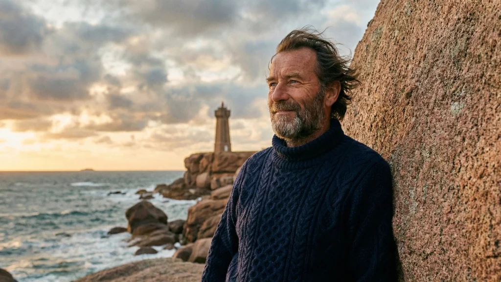 Homme Breton sur le GR34 face à la mer et au phare du Mean Ruz à Ploumanac'h en Bretagne.
