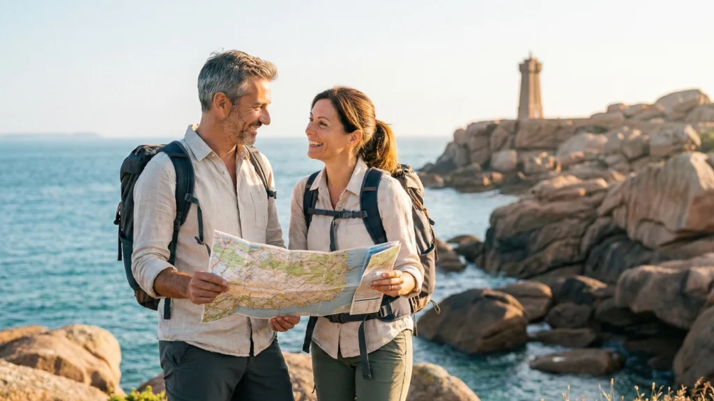 Vacanciers en repérage devant le phare du Mean Ruz à Ploumanac'h en Bretagne.