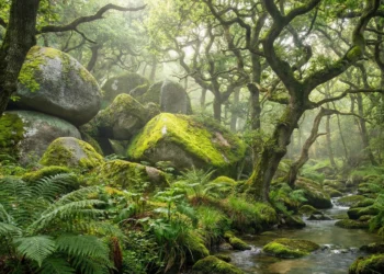 Sentier de randonnée dans la Vallée des Traouïero traversant un chaos de granit recouvert de mousse verte épaisse et de fougères, ambiance féerique.