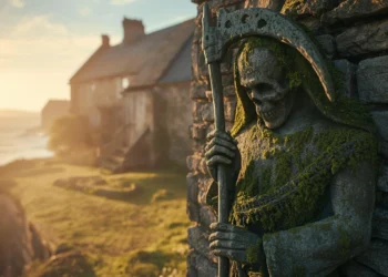 Statue en granit de l'Ankou sur une façade d'église bretonne, illustrant le reportage vidéo sur ce mythe celte.