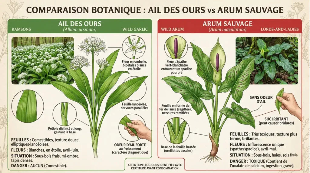 Savoir reconnaître l'Allium Ursinum et l'Arum Sauvage.