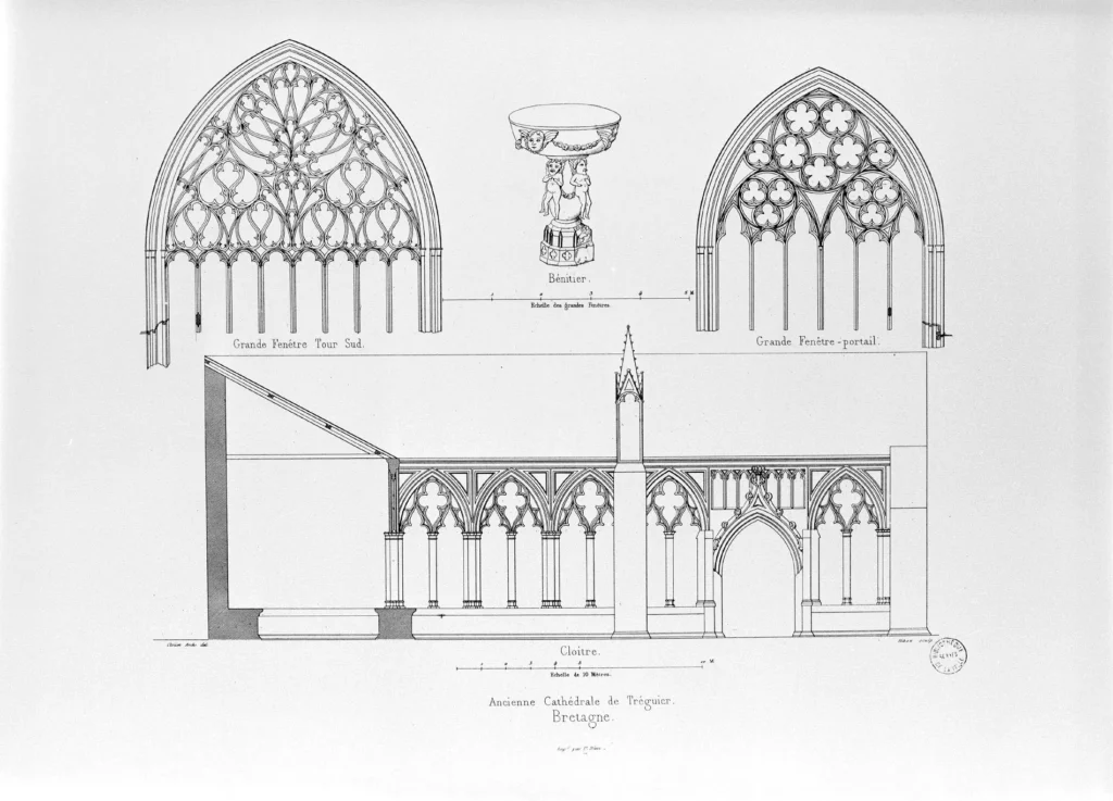 Tréguier : la cathédrale Saint-Tugdual, cloître, fenêtre et bénitier - © Inventaire général - ADAGP