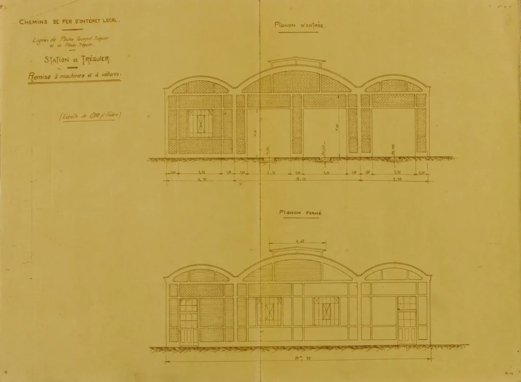 Remise à machines et voitures de Sainte-Catherine aujourd'hui brasserie Philomenn (Tréguier), Tréguier : station de Tréguier, remise à machines et voitures, élévations des pignons © Archives départementales des Côtes-d'Armor